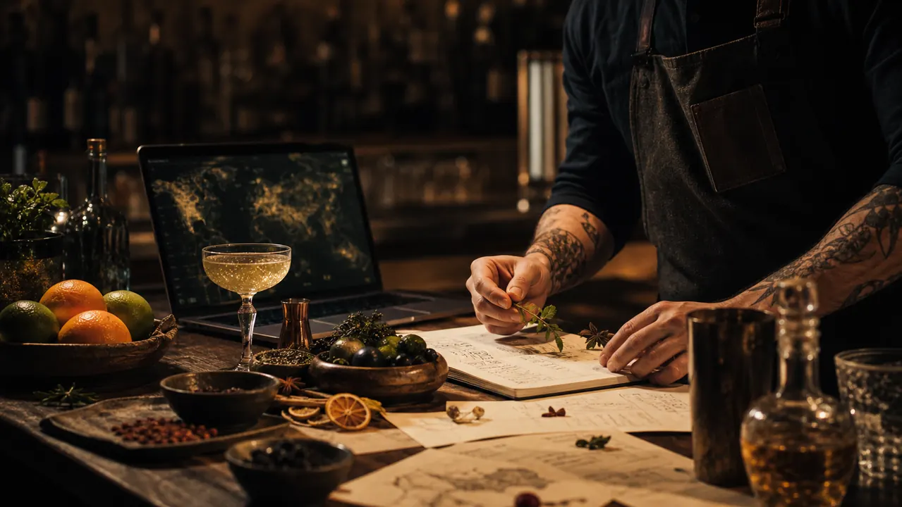 Local cocktail ingredients, drink notes, and map research on a bar.